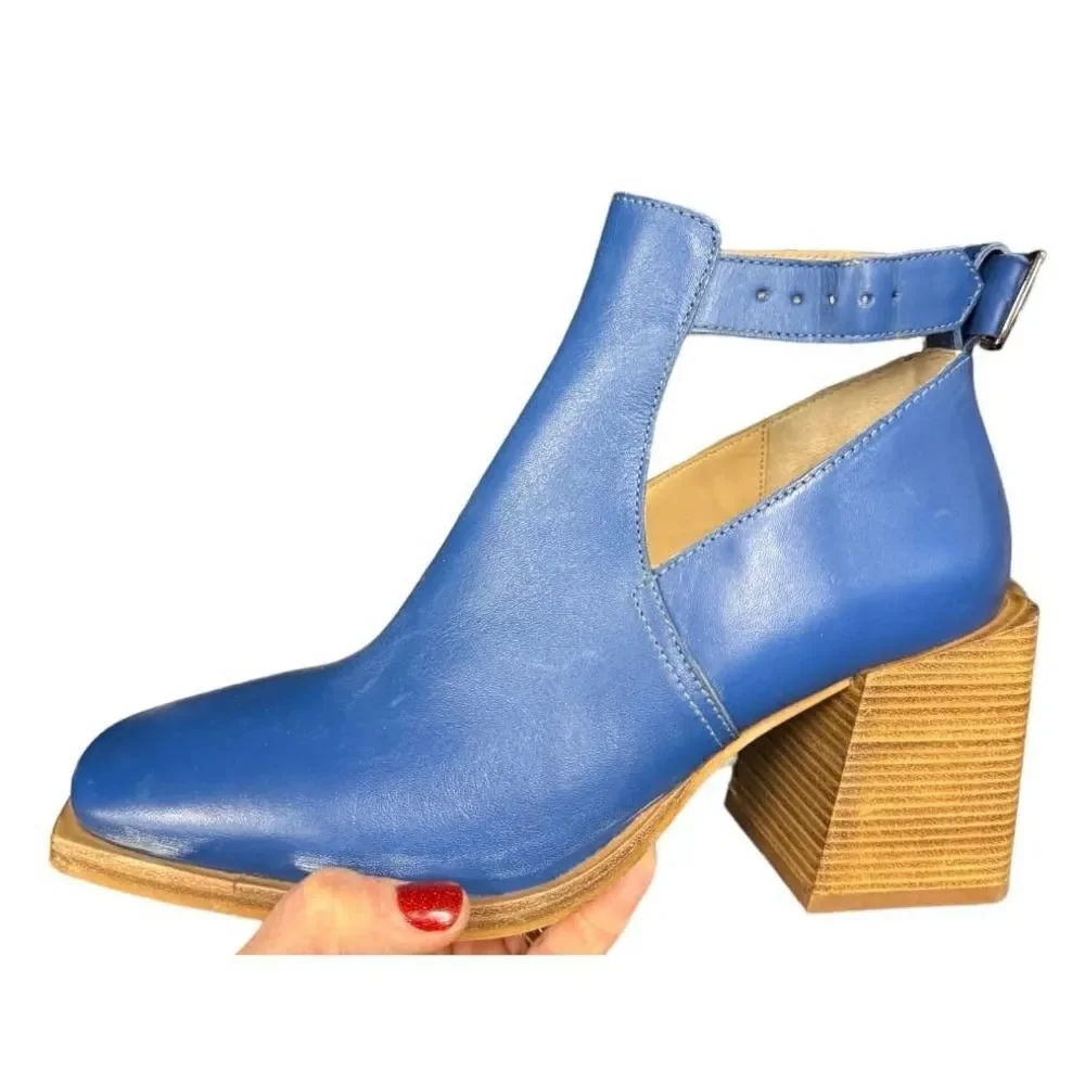 Free People Brady Buckle Bootie Boots Leather Blue Size 9 New